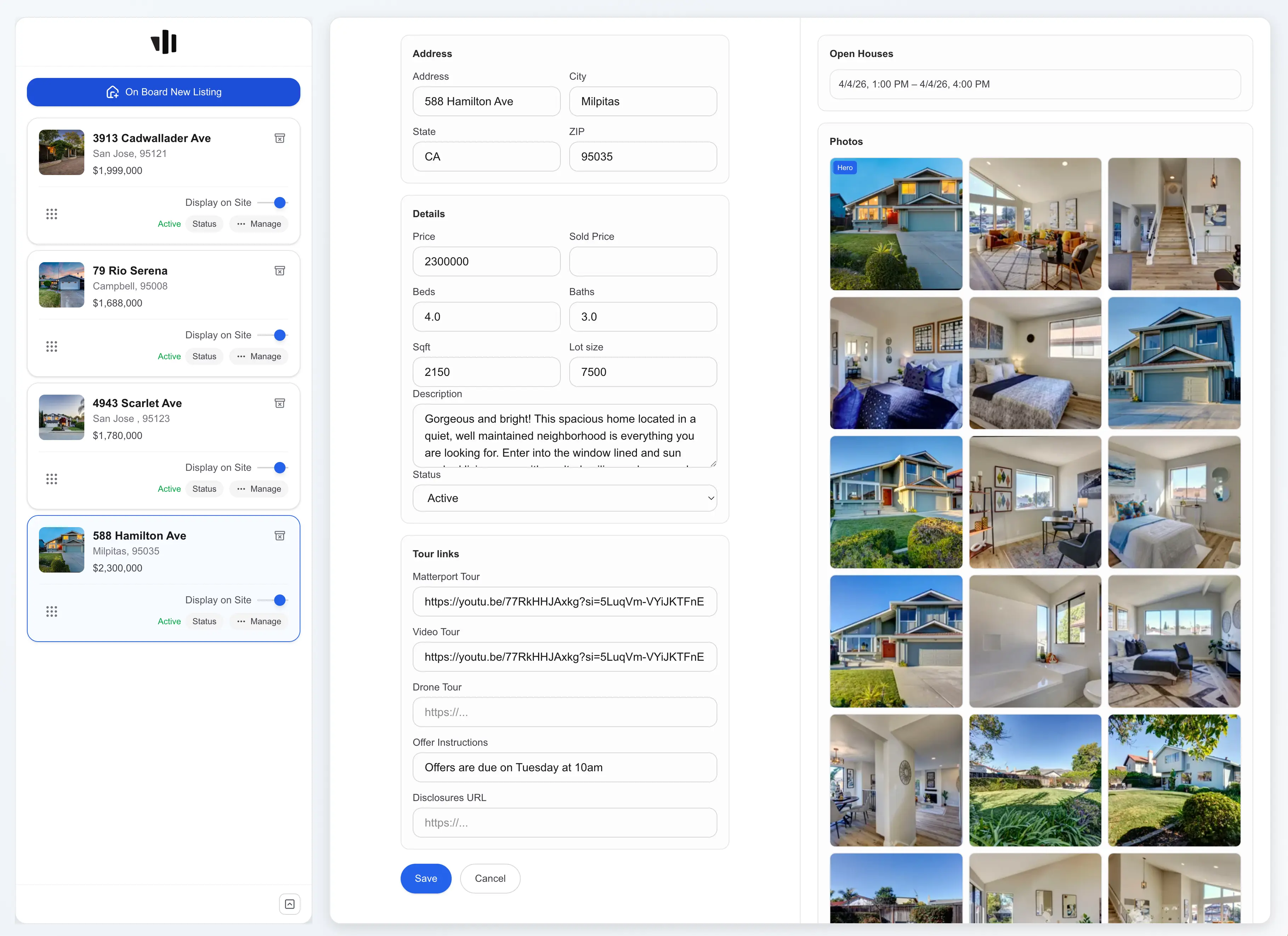 Agent dashboard for managing listings and site content